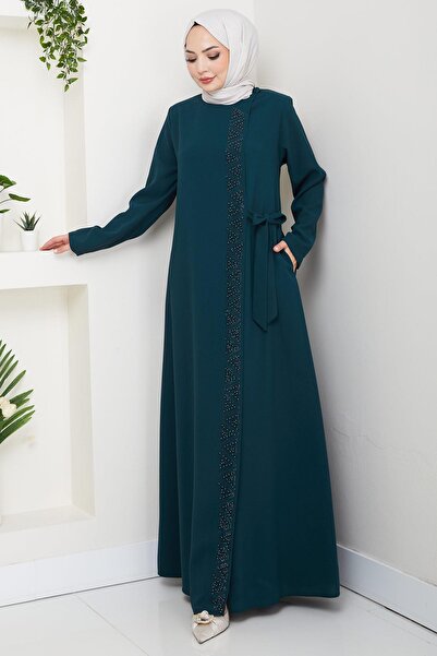hafsamina Emerald Beaded Ferace with Secret Zipper and Side Tie HM2845