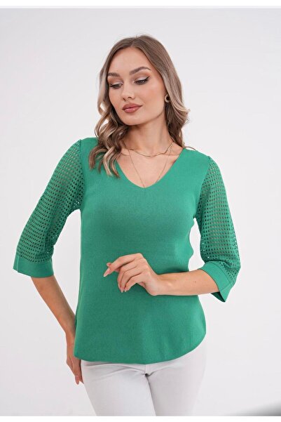 Seher Öztop Kolları Ajurlu Truvakar Kollu İthal Triko Yeşil