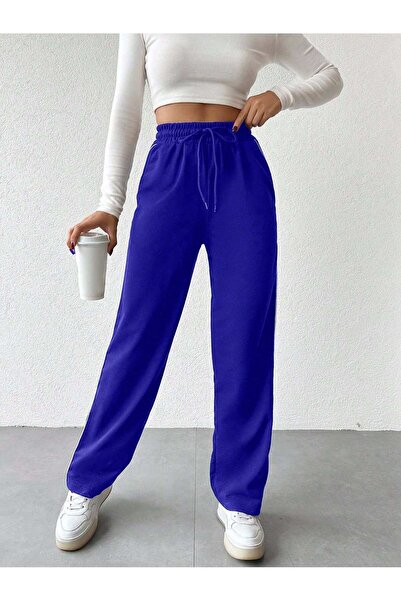 Miyalon Pantaloni de sport negri unisex, largi, cu talie elastică, cu dungi laterale și buzunare pentru femei