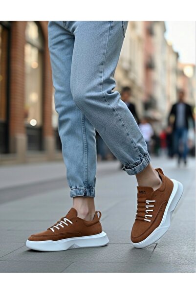 BOA BA0332 Ladder Pattern Lace Up Men's High Sole Tan Suede White Sole Sports Shoes