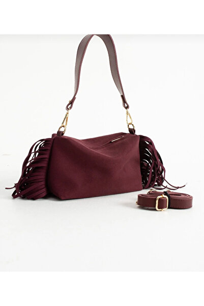 MODAKA Kadın süet bordo püsküllü el ve omuz çantası