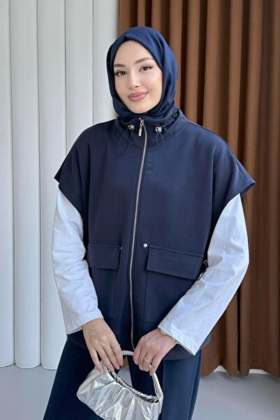 Modaensarbutik Önü Fermuarlı Belden Sıkmalı Yelek-LACİVERT