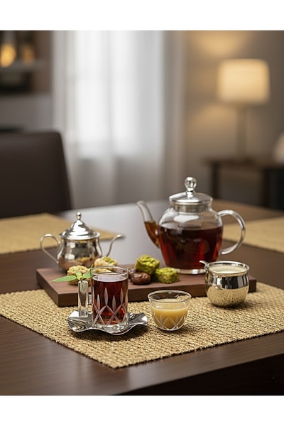 DECOSTYLE 18 Piece Modern Glass Tea Set with Decorated Steel Plates | Premium Hospitality & Dowry Stylish Presentation Set