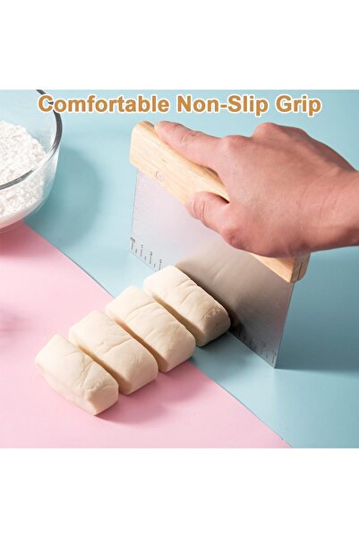 ZUZU MADE Bambu Tutacaklı Ölçülü Çelik Büyük Boy Hamur Kesme Spatulası - Çelik Spatula Hamur Şekillendirici