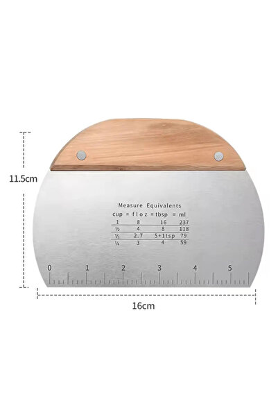 ZUZU MADE Bambu Oval Tutacaklı Ölçülü Çelik Büyük Boy Hamur Kesici Spatula Ölçülü Çelik Hamur Kesme Spatulası