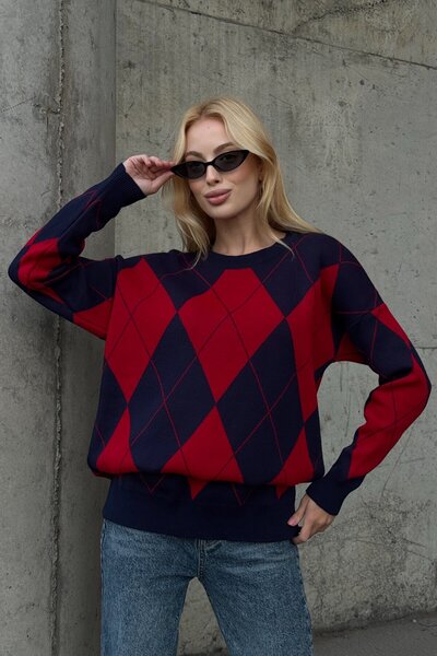 VAGGON Diamond Patterned Crew Neck Knitwear Sweater