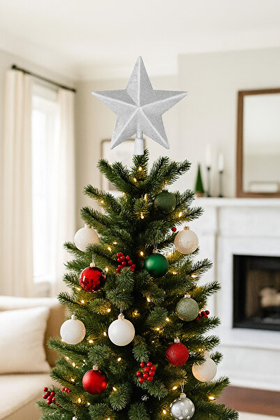 DODOMAR شجرة عيد الميلاد (20 سم) - زينة شجرة الصنوبر الفاخرة كبيرة الحجم مع لمعان فضي ونجوم