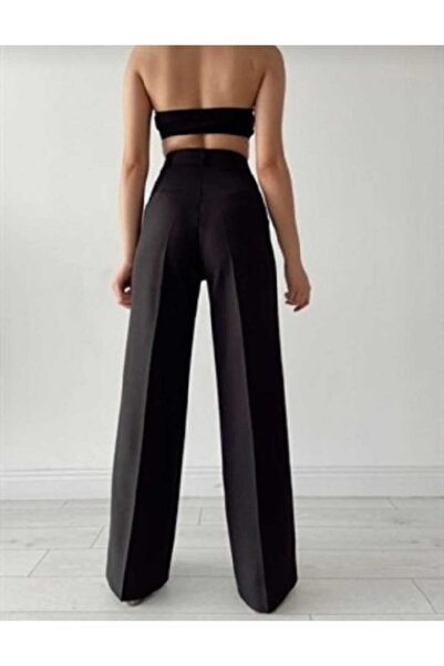 mor butik Women's Black High Waist Palazzo Pants - Loose Leg Stylish & Comfortable Women's Fabric Pants