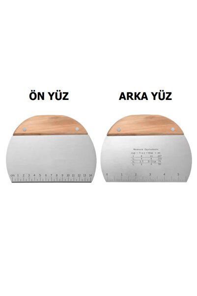 ZUZU MADE Bambu Oval Tutacaklı Ölçülü Çelik Büyük Boy Hamur Kesici Spatula Ölçülü Çelik Hamur Kesme Spatulası
