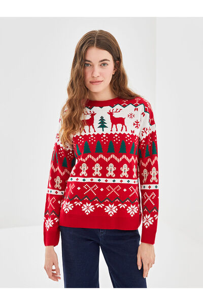 LC Waikiki Lcw Vision Red Crew Neck Christmas Themed Women's Knitwear Sweater