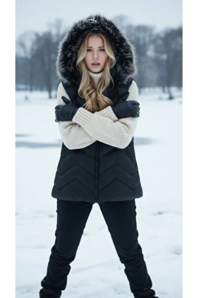 MODA ŞİŞME KAPŞONU ÇIKARILABİLİR SİYAH YELEK