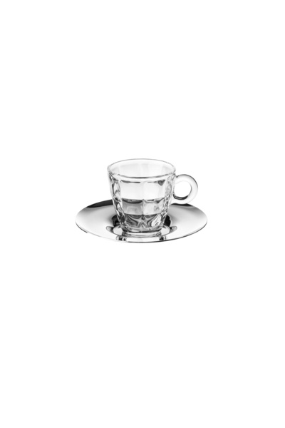 Dania Glass coffee cup set with stainless steel saucers – 6 pieces, with a stylish modern design