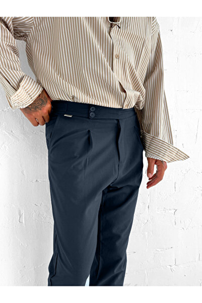 ablukaonline Men's Adjustable Buckle Pleated Fabric Trousers Navy Blue