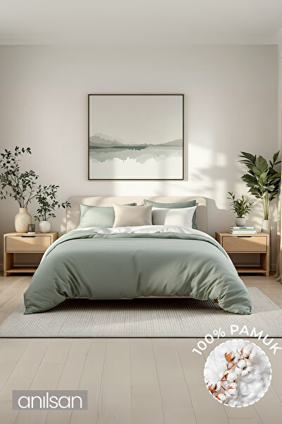 Anılsan Plain Mint Green King Size Fitted Sheet Buttoned Ranforce Duvet Cover Set 100% Cotton 2 Pillowcases