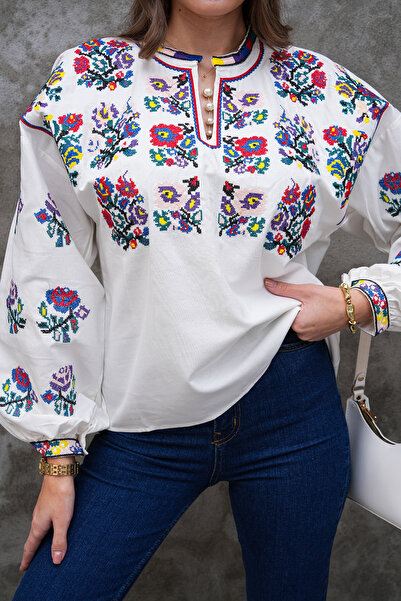 FancyWorld بلوزة قطنية مطرزة بنقوش وأكمام بالون