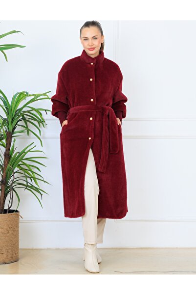 Elony Fashion Kadın Gizli Çıtçıtlı Süs Düğmeli Kolları Kaşkorseli Kuşaklı Kaban