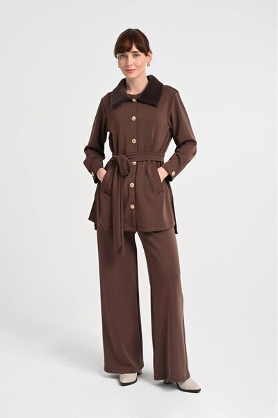 Jupe Kadın Kürk Detaylı Düğme ve Kuşaklı Modal Üçlü Takım 8589