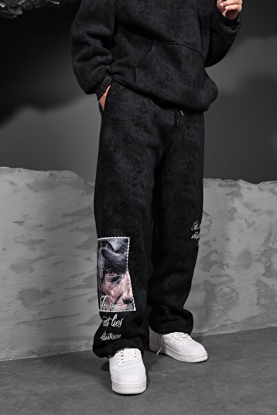 Slatra Men's Black Illusion Embroidered Patch Washed Baggy Sweatpants
