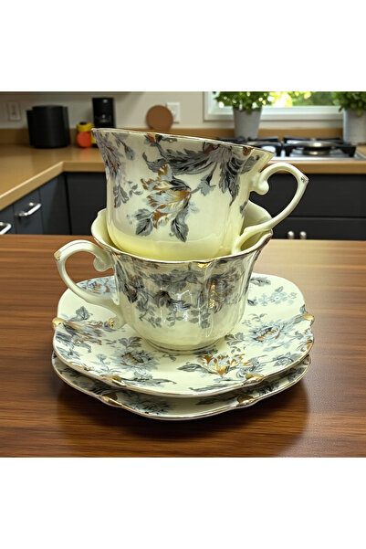JOVY Vintage Porcelain Service 2 Cups and Saucers, GOLDEN LEAF