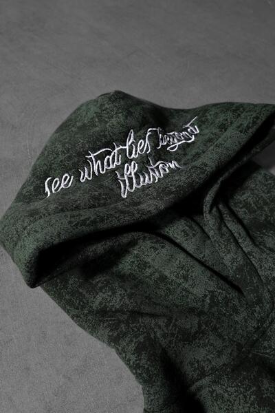 Slatra Men's Khaki Illusion Embroidered Patch Washed O Oversized K Hooded Sweatshirt