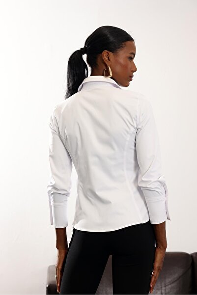 5in1Canpolat Λευκό ελαστικό ύφασμα εφαρμοστό Πουκάμισο 5142