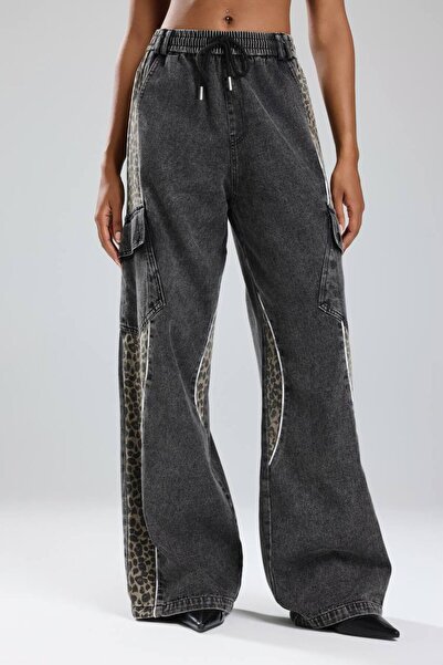 tw3 Women's Leopard Printed between Piped Detailed Design Jean Pants