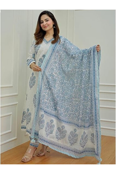 MYSMAR White Cotton Salwar Kameez Dupatta - ALV2007 | White