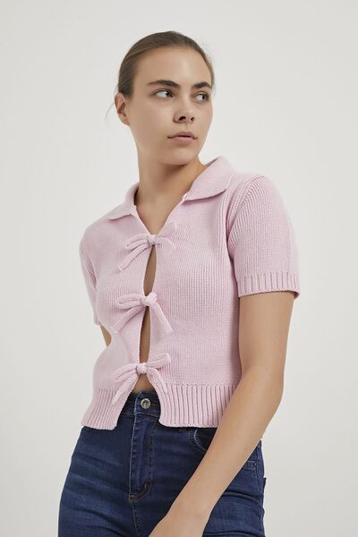 Arma Life Armalife 4821 Short Sleeve Front Lace-Up Collar Knitwear Women's Cardigan