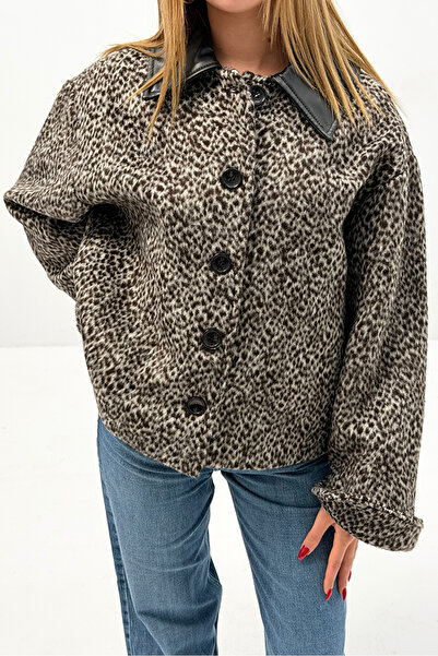 Narin Studios Siyah Suni Deri Yaka Detaylı Desenli Ceket