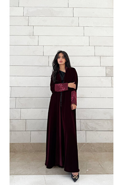 AYA - MWT651 - Velvet abaya with burgundy suede trim