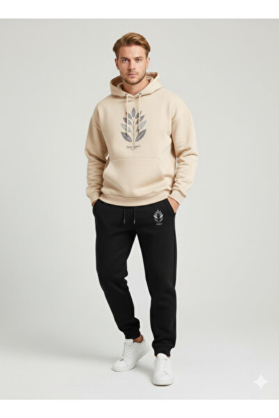 NİCE Three Thread Compact Hooded Cotton Inside Leaf B Printed Premium O Oversized Tracksuit Set