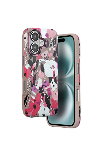 AL - KAR TİCARET غطاء ماج سيف من سلسلة الزهور لهاتف آيفون 16 من ون جيف - وردي