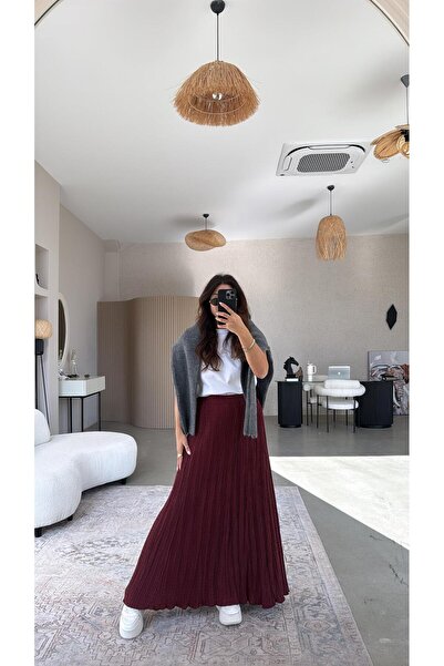 Buket Teke Burgundy Double Layer Wrinkled Fabric Maxi Skirt