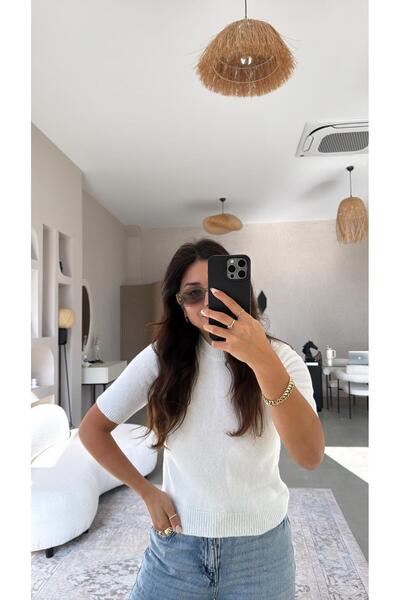 Buket Teke Ecru Sequin Reflective Soft Short Sleeve Knit Blouse