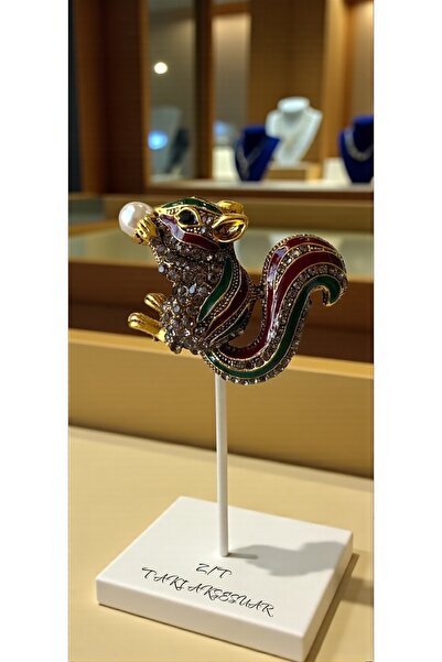 Butik İncili Taşlı Sincap Broş