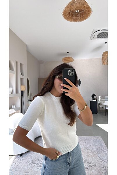 Buket Teke Ecru Sequin Reflective Soft Short Sleeve Knit Blouse