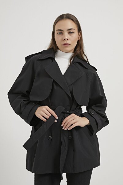 Arma Life Armalife 7556 Premium Short Women's Trench Coat with Belt and Embroidered Detail