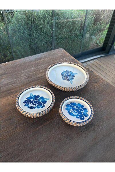 Home Inn Home Textile Sunum Seti 3’lü Hasır Görünümlü – Mavi Çiçek Desen