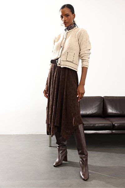 5in1Canpolat Brown Floral Patterned Asymmetrical Skirt 0709