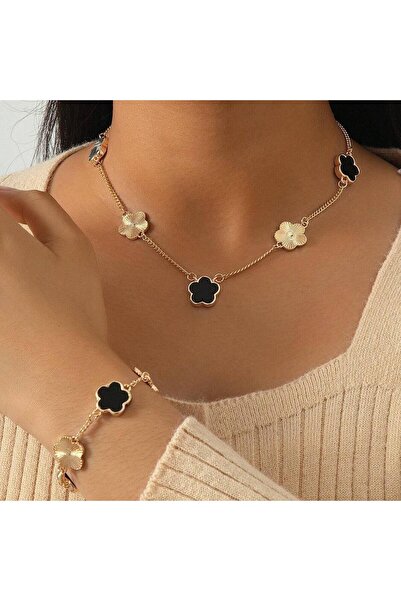 Pursehuit Set colier și brățară, aurii, cu pandantive cu flori negre, Nichlas C1