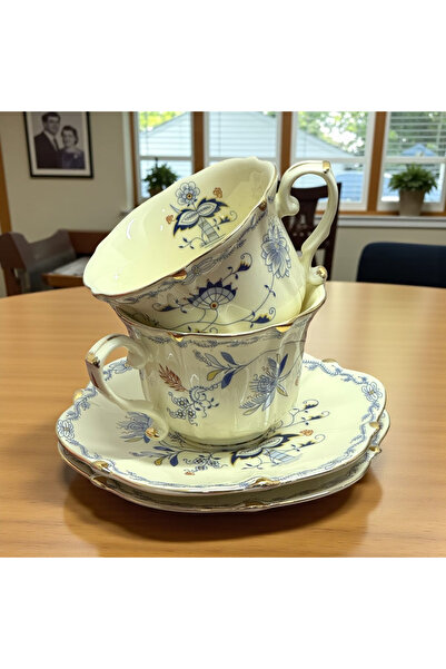 JOVY Vintage Porcelain Service 2 Cups and Saucers, BLUE FLORAL