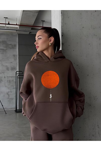 vikitekno Γυναικείο φούτερ με κουκούλα Planets με τύπωμα oversized ΚΑΦΕ