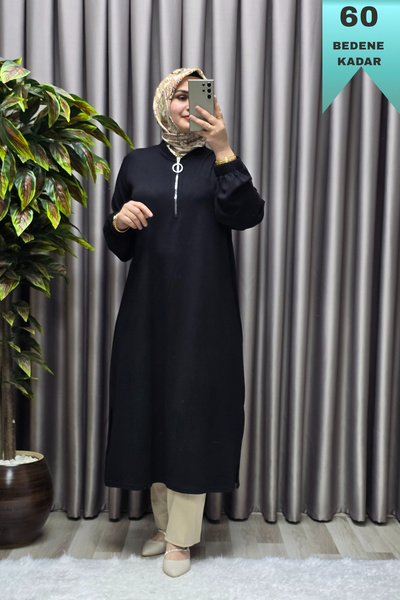 Elmas Tesettür Kadın Tesettür Giyim Büyük Beden Fermuarlı Jumbo Uzun Tunik