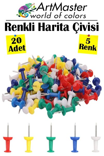 Artmaster Renkli Harita Çivisi 20 Li 1 Paket Mantar Pano Raptiyesi Renkli Pano İğnesi Okul Büro Harita Çivisi