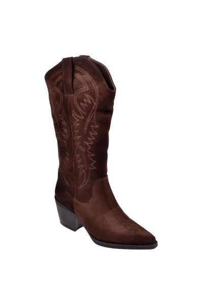 pullman Hakiki Deri İşlemeli Western Kadın Çizme PLM-011 KAHVE SÜET