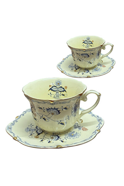 JOVY Vintage Porcelain Service 2 Cups and Saucers, BLUE FLORAL