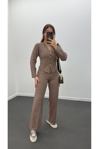 Narferita Freya Gold Düğmeli Hırka Ve Triko Pantolon Takım