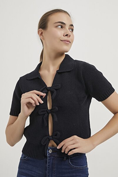 Arma Life Armalife 4821 Short Sleeve Front Lace-Up Collar Knitwear Women's Cardigan