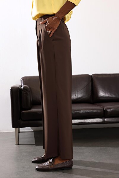 5in1Canpolat Brown Gold Buttoned Palazzo Pants 4386