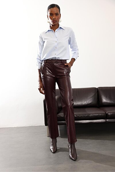 5in1Canpolat Burgundy Crocodile Patterned Leather Trousers 031575